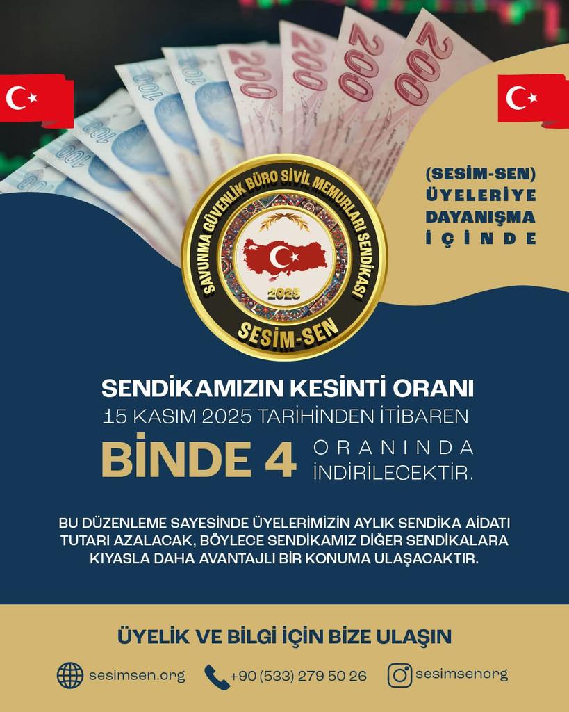 facebook.com/share/p/1CmUjG…
📢 SESİM-SEN ÜYESİNİN YANINDA!
15 Kasım 2025 tarihinden itibaren sendikamızın aylık kesinti oranı binde 4’e düşürülmüştür.
🌐 Üyelik ve bilgi için: sesimsen.org.tr￼

#SESİMSEN #ÜyesininYanında #DayanışmaGücü #KamuGörevlileri #Sendika #Binde4
