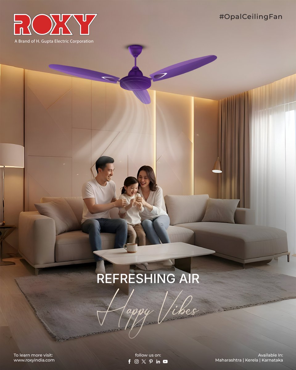RoxyAppliances's tweet photo. Feel the breeze that brings your family closer — cool comfort, happy vibes, only with ROXY Opal Ceiling Fan.
.
.
.
For more visit:- https://t.co/uYeGWpYP0g
.
.
.
#RoxyFans #OpalCeilingFan #CoolComfort #RefreshingAir #HappyVibes #HomeEssentials #BreezyMoments #FamilyTim https://t.co/Q5eQAH30IX