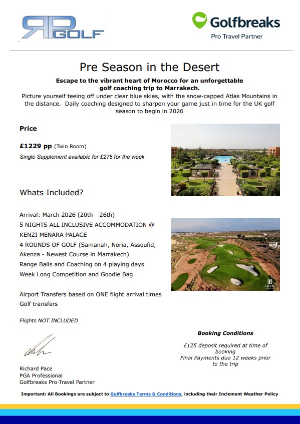 ** JUST 3 SPACES REMAINING **

Ready to sharpen your game under the Moroccan sun in March 2026?

⛳ 5 Nights All-Inclusive at KENZI MENARA PALACE
🏌️ Daily Coaching
☀️ 4 Rounds of Golf @ Samanah, Noria, Assoufid, Akenza

Flights not Included

Contact me to reserve your place