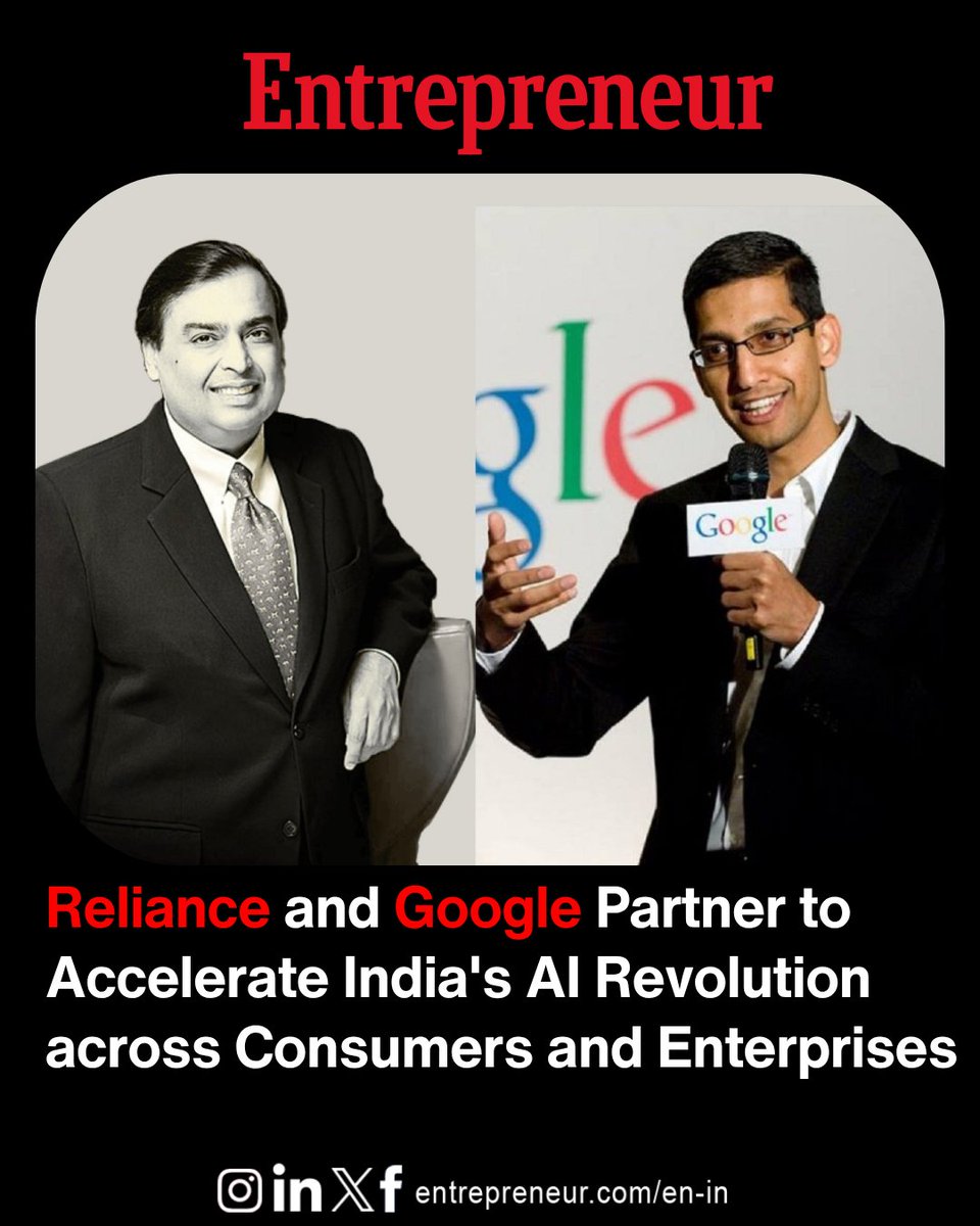 EntrepreneurIND's tweet image. #TechPartnership

Reliance Industries Limited (RIL), through its subsidiary Reliance Intelligence Limited, has entered into a strategic partnership with Google to accelerate the adoption of artificial intelligence across India, aligning with Reliance&apos;s &quot;AI for All&quot; vision.

The…