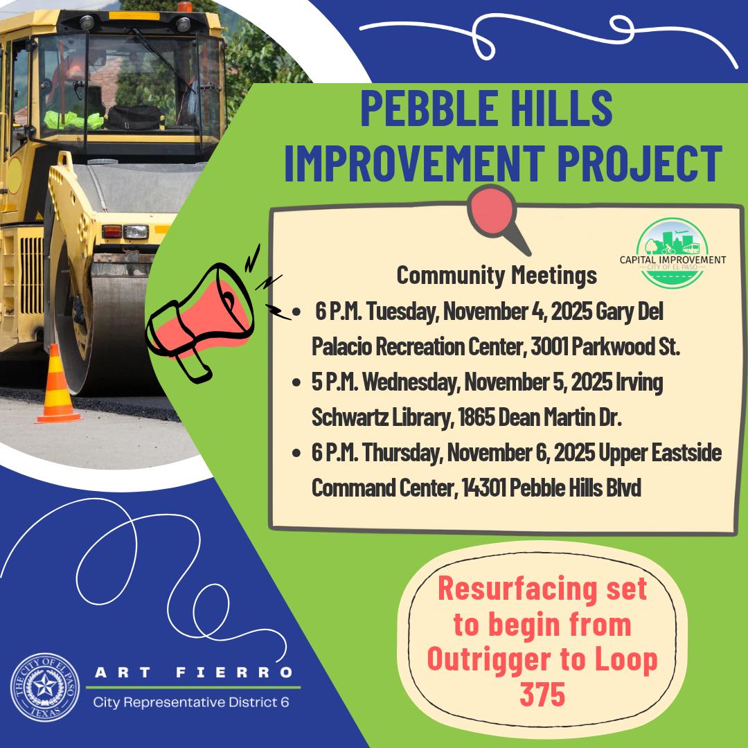 Join us Wednesday, November 5th at our community meeting to learn all about the Pebble Hills resurfacing project!