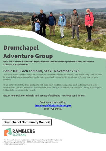 The next walk to help seed a Drumchapel Adventure Group is on Saturday 29 Nov – a trip to the east side of Loch Lomond and a walk up Conic Hill. Fantastic views across Loch Lomond and its islands from this steep little hill, well worth the climb. <a href="/RamblersGB/">RamblersGB</a> 

Details below: