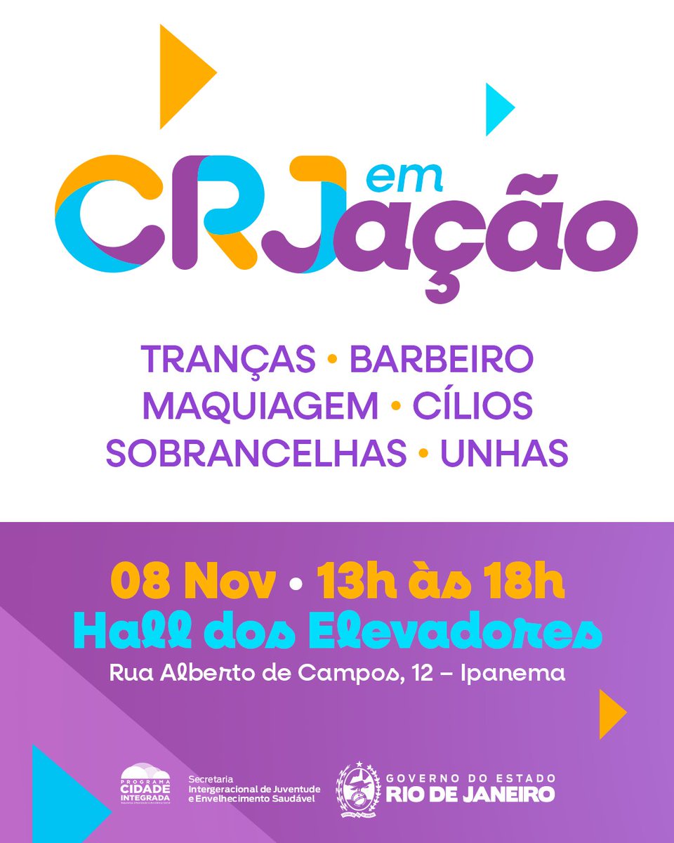 Dia 08/11, das 13h às 18h, o CRJ em Ação leva beleza e cuidado para o PPG e todos os serviços gratuitos! 💅🏾✨
📍 Rua Alberto de Campos, 12. Brizolão. 
#CRJemAção #PPGInformativo