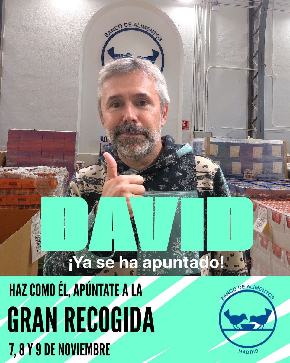 bancoalimadrid's tweet photo. ‼️ ¡Urgente! Necesitamos voluntari@s ‼️

📅 7, 8 y 9 de noviembre

Haz como David y únete a la Gran Recogida de Alimentos de Madrid 💙

Inscríbete ya en

👉 https://t.co/NV07569JGk

📞 91 990 5405

#GranRecogidaMadrid #BancoDeAlimentosMadrid #GranRecogida2025 #Madrid #LoDamosTodo https://t.co/yZvHJhAtQp