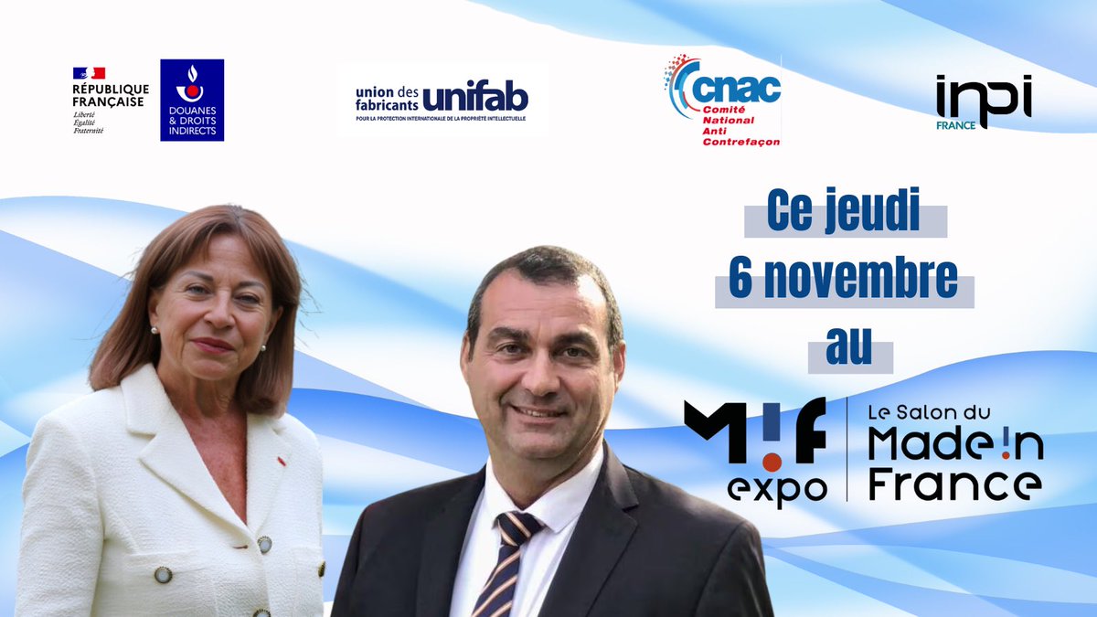 Du 6 au 9 novembre, retrouvez les acteurs de la lutte anti-contrefaçon au Salon du Made in France 🇫🇷
Je serai présente avec <a href="/christoblanchet/">Christophe Blanchet</a> ce jeudi 6 au matin aux côtés de <a href="/INPIFrance/">INPI France</a>, <a href="/UNIFAB/">Union des Fabricants</a> et la <a href="/douane_france/">Douane française</a>, au stand C26.
Invitations gratuites 👉 mifexpo.fr/espace-invitat…