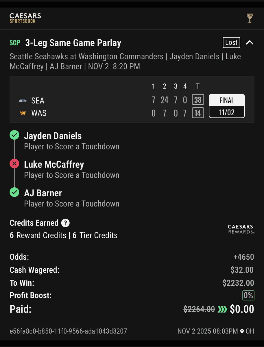 Sharp_Pulse's tweet image. Every other book voided this but @CaesarsSports @CaesarsHelp. That hurt but lesson learned.