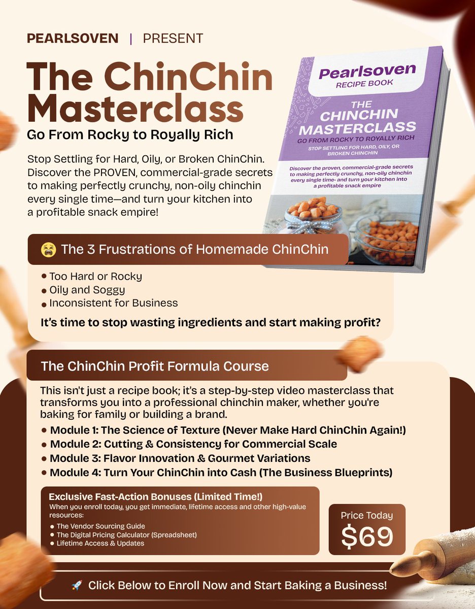 Tired of hard, oily, or soggy chin-chin?

It’s time to learn how to make delicious, professional-quality chin-chin that sells fast and stays fresh.

Whether you’re a stay-at-home mom looking to earn extra income, a baker or food vendor adding new products, or a Nigerian abroad