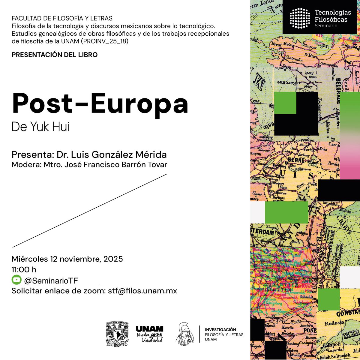 Ya es la próxima semana la presentación de "Post-Europa" de <a href="/digital_objects/">Yuk Hui</a> por <a href="/luisgmerida/">Luis G. Mérida</a> en el #SeminarioTF de la <a href="/filos_unam/">Filosofía y Letras UNAM</a>. youtube.com/live/koOtVmDGD…