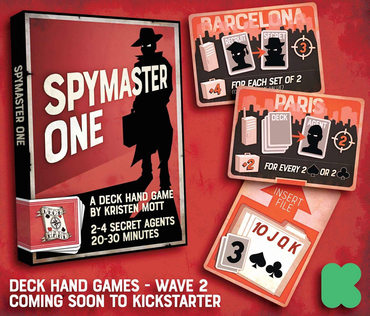 We (Deck Hand Games) have a new wave of games coming to KS at the end of November. Spymaster One is designed by Kristen Mott (Insectarium). PPPP is designed by <a href="/RedRookGames/">RedRookGames</a> (Trash Panda). Both are 18-card games that you combine with any standard deck of cards to play.