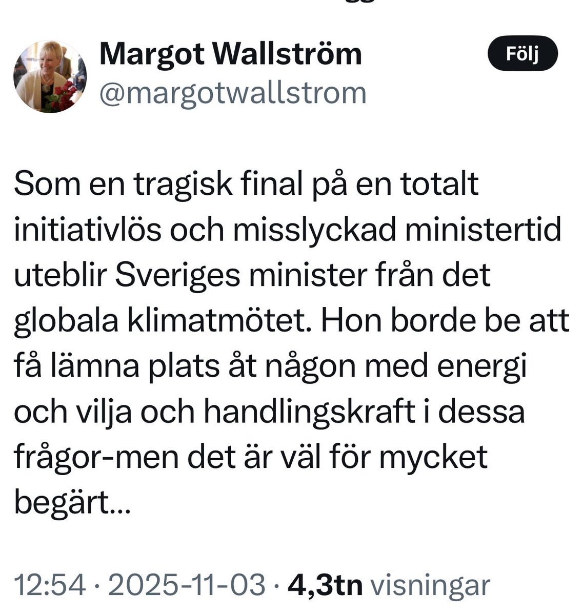 Margot Wallström, tidigare minister i Stefan Löfvens så kallade ”världens första feministiska regering” går nu till attack mot klimat- och miljöminister Romina Pourmokhtari för att hon är gravid. Ja, du läste rätt. En före detta S-minister tycker alltså att det är skäl nog att