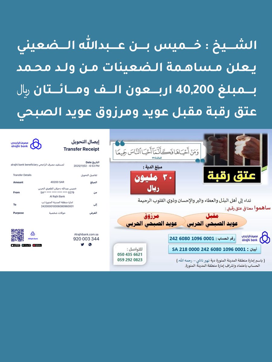 Aldaani_7arp's tweet photo. يعلن الشيخ : خميس بن عبدالله الضعيني 

▫️| مساهمة #الضعينات من ولد محمد 
من حرب بمبلغ وقدره (80,400) ثمانون ألف 
واربعمائة ريال 

في #عتق_رقبة مقبل عويد و مرزوق عويد الصبحي 

و #عتق_رقبة : محمد بن عبدالعزيز البدراني  

 .           جعلها الله في ميزان حسناتهم https://t.co/8SKrezligq