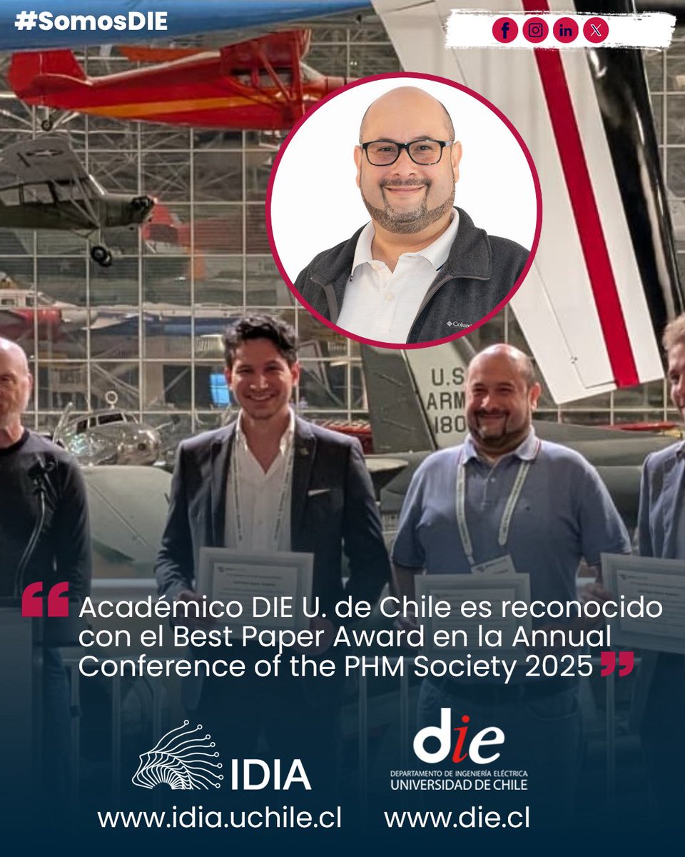 Prof. Marcos Orchard (DIE e IDIA-FCFM) y Leonardo Baldo (Politécnico di Torino) ganan el Best Paper Award (Academia) en PHM Society 2025.
Paper: “Mission Profile Clustering for Usage-Based Health Modeling of Flight Control Actuators...”
Detalles: 👉👉 die.cl