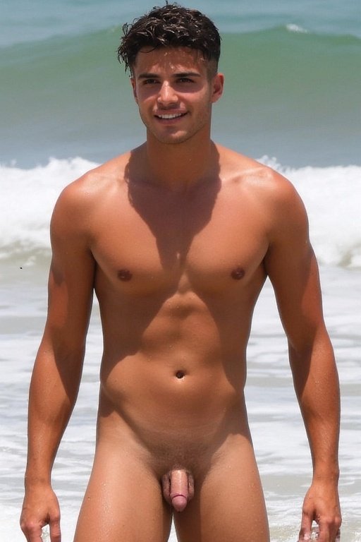 A young, dark-haired man photographed naked on a naturist beach.