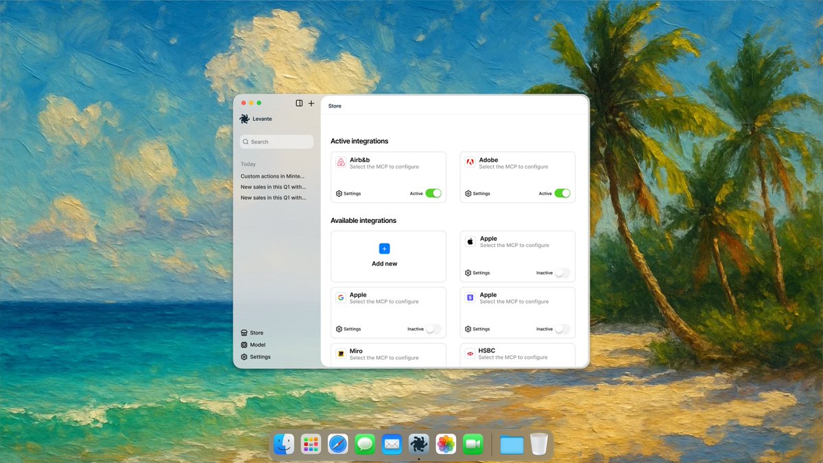 Saulgmz_'s tweet image. Launching this Thursday, Nov 6, 2025 → 
Levante v1.3 open beta  A local MCP client that makes MCPs practical for developers.  

Local-first. Multi-provider (OpenRouter, Vercel Gateway, Ollama, Claude, ChatGPT, Groq, xAI, Google AI).  

Want to collaborate? Get early access →…