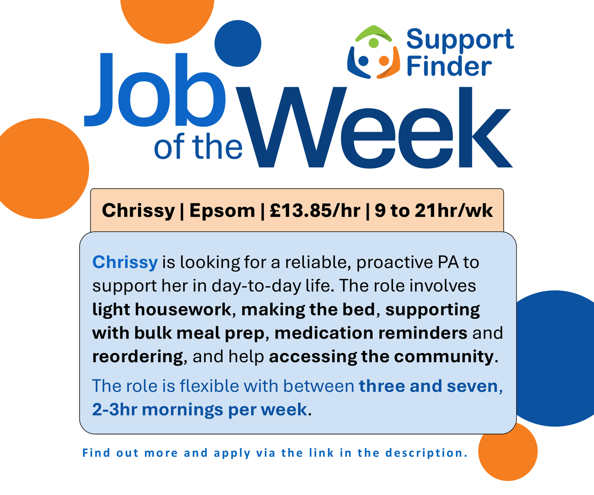 Support_Finder's tweet image. Job of the Week: Chrissy is looking for a PA to assist her with her mornings. You can apply through Support Finder.
Direct job link: supportfinder.org.uk/listings/emplo…

#SupportWorker #FindAJob #CareJobs #SurreyJobs #IndependentLiving #WorkInCare @JCPSurreySussex