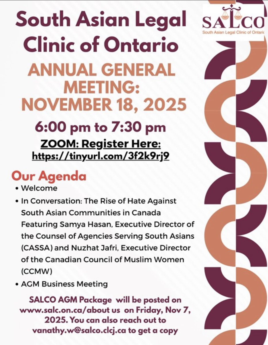 Please join us for the South Asian Legal Clinic of Ontario Annual General Meeting on November 18, 2025. Register here: lnkd.in/erxVbC8n