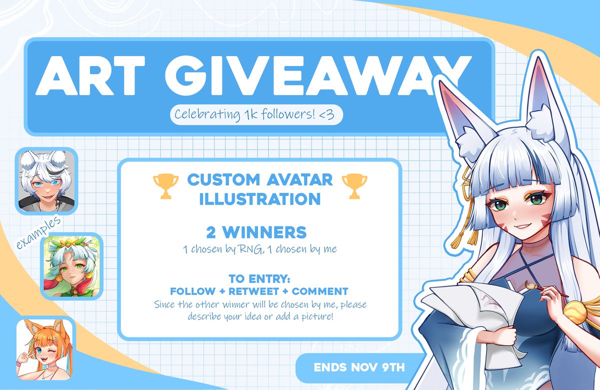 ✨ART GIVEAWAY ✨
Celebrating 1k followers on this app<3
2 Winners will get custom avatar illustrations!

To Entry:
- Follow me
- RT
- Comment your idea or add a picture 

Winners will be picked on Nov 9th 💘