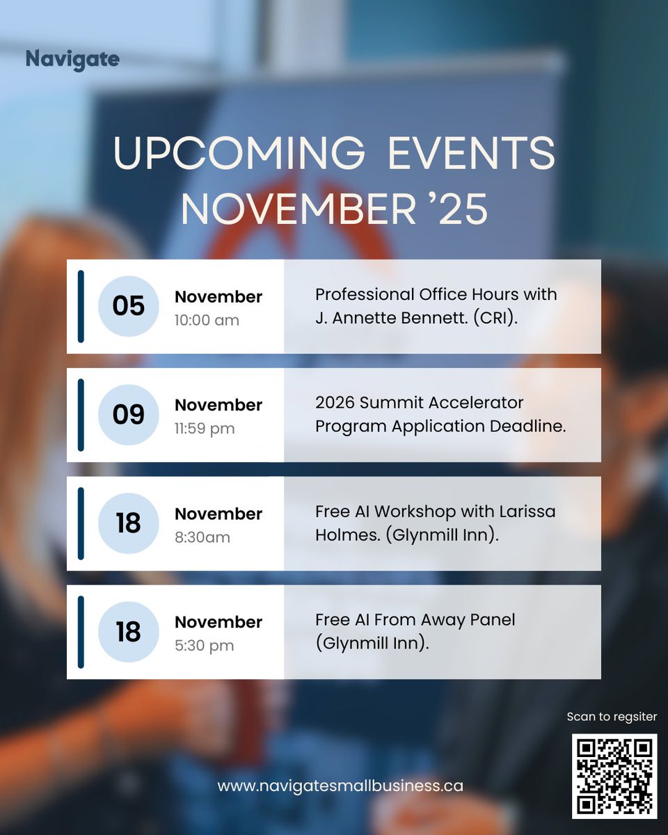 November is packed with opportunities to learn, connect, and build your entrepreneurial journey. From expert office hours to AI-focused events, there's something for every founder.
Tap in, show up, and level up with Navigate 📷
linktr.ee/navigateevents