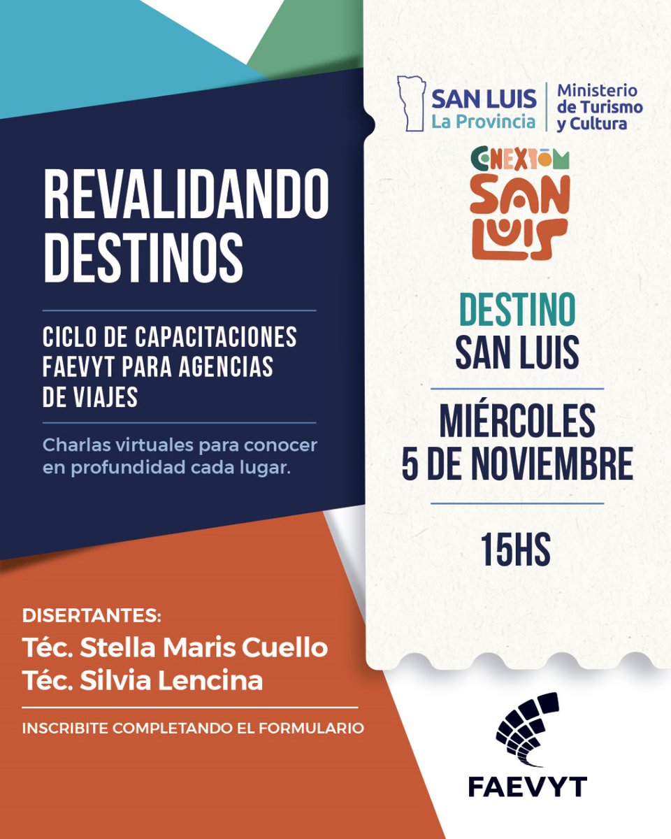 🌄 ¡Seguimos Revalidando Destinos!
📍 Esta vez viajamos a San Luis, para conocer todo sobre su oferta turística y potenciar la venta en agencias 🧳✨

🗓️  5 de noviembre – 15 hs
🎤 Disertan: Téc. Stella Maris Cuello y Téc. Silvia Lencina
Inscribite acá forms.gle/PA3kudTncjZGCg…