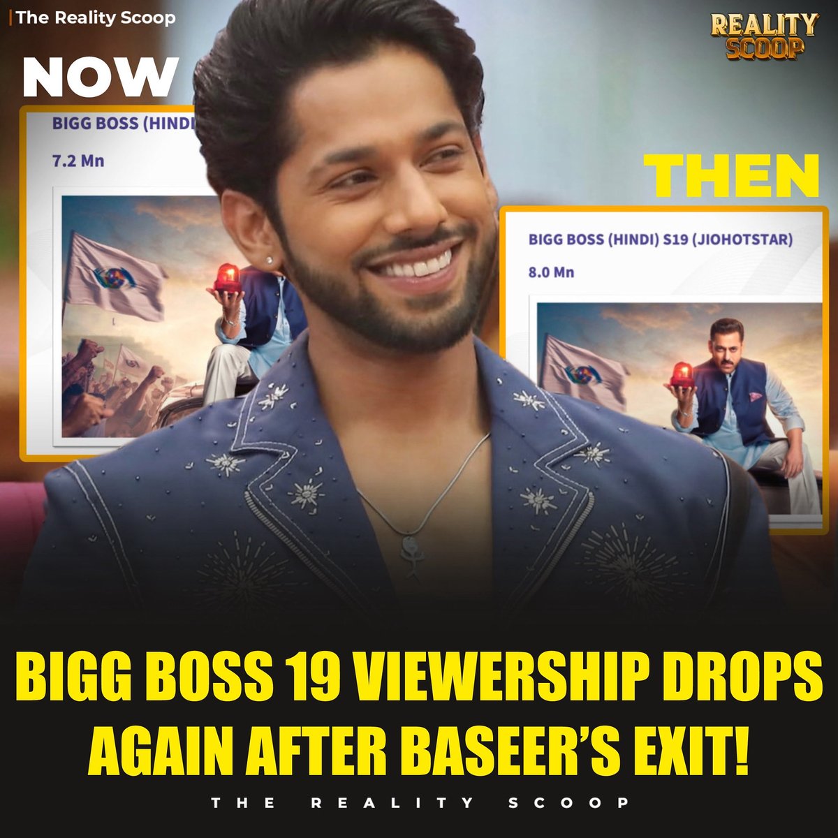 reality_scoop_'s tweet photo. According to Ormax Media — Baseer’s eviction week brought 8M viewers, but numbers have been falling since!
Next week: 7.6M 👀
This week: just 7.2M! 📊
Kya Baseer tha TRP ka real booster? 🤔🔥
#BiggBoss19 #BB19Updates #RealityScoop #TRPUpdate #BaseerAli https://t.co/SeX563UILv