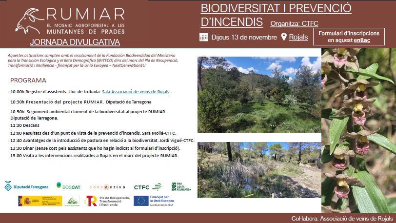 ctforestal's tweet photo. 🐑 Vine a conèixer el projecte #RUMIAR i les actuacions que s'han fet per fomentar la prevenció d'incendis i la biodiversitat 🌿
💚Finança @FBiodiversidad #ProyectosPRTR #PlanDeRecuperación #NextGenerationEU
📅dijous 13 de novembre 📍Rojals🕘10 h
✍️https://t.co/63mOxfFoXh https://t.co/MxtzjYMpjz