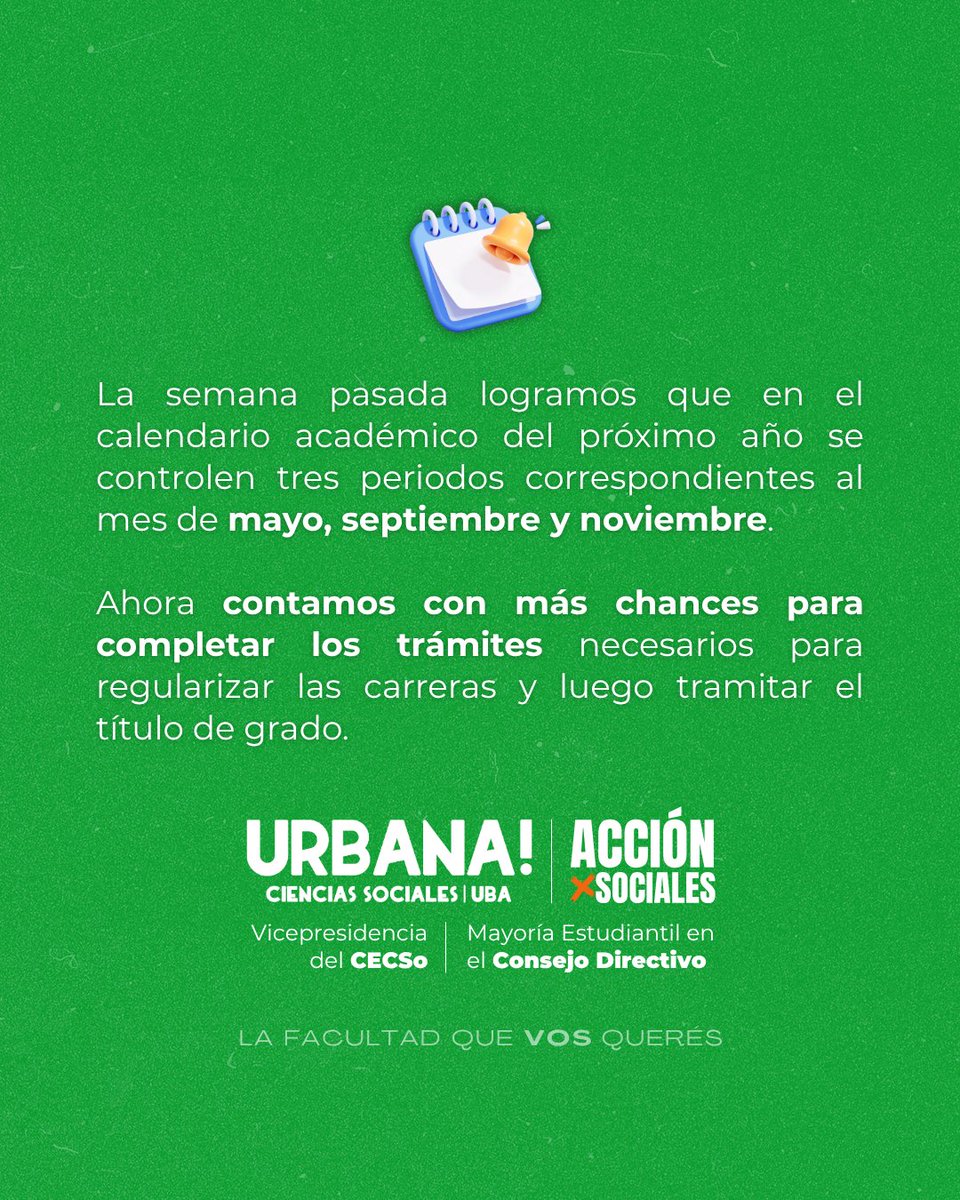 urbanasociales's tweet photo. 🤩 ¡Ahora contamos con más chances para completar los trámites necesarios para regularizar tu carrera y tramitar el título de grado! 

💚 Seguimos construyendo una facultad más accesible y de excelencia académica.

#SocialesUBA #FSOC #CECSo https://t.co/Cu7InwJVlD