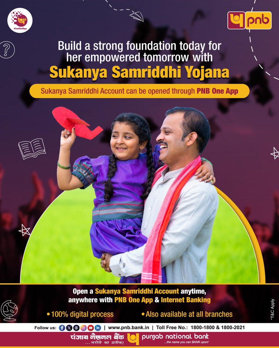 pnbindia's tweet image. Shape her future with Sukanya Samriddhi Account! Open today through PNB One App and Internet Banking.

Visit pnb.bank.in/sukanya-accoun… to know more.

#SukanyaSamriddhi #SecureFuture #Scheme #PNB #Banking