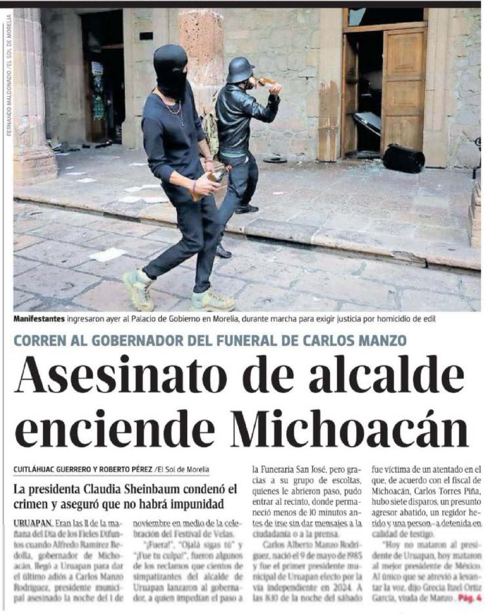 JLozanoA's tweet photo. 🚨 Esta ha sido la nota nacional desde la noche del sábado pasado. El cobarde asesinato de Carlos Manzo ha cimbrado a Uruapan, a Michoacán, a todo México y ya rebasó nuestras fronteras. Lo mató el crimen organizado. Sí, los aliados del gobierno federal. ¿Satisfechos? 

Malditos. https://t.co/ayS2FklGXO
