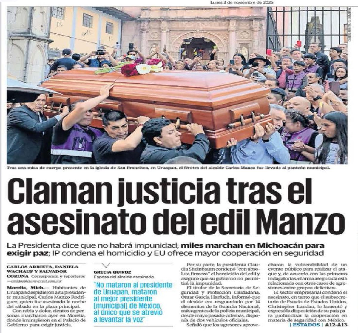 JLozanoA's tweet photo. 🚨 Esta ha sido la nota nacional desde la noche del sábado pasado. El cobarde asesinato de Carlos Manzo ha cimbrado a Uruapan, a Michoacán, a todo México y ya rebasó nuestras fronteras. Lo mató el crimen organizado. Sí, los aliados del gobierno federal. ¿Satisfechos? 

Malditos. https://t.co/ayS2FklGXO