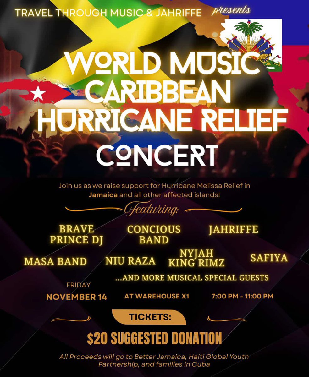 Come and enjoy a beautiful night of music as we raise funds to help those affected by Hurricane Melissa in Jamaica, Haiti and Cuba. Friday November 14th at 7pm.