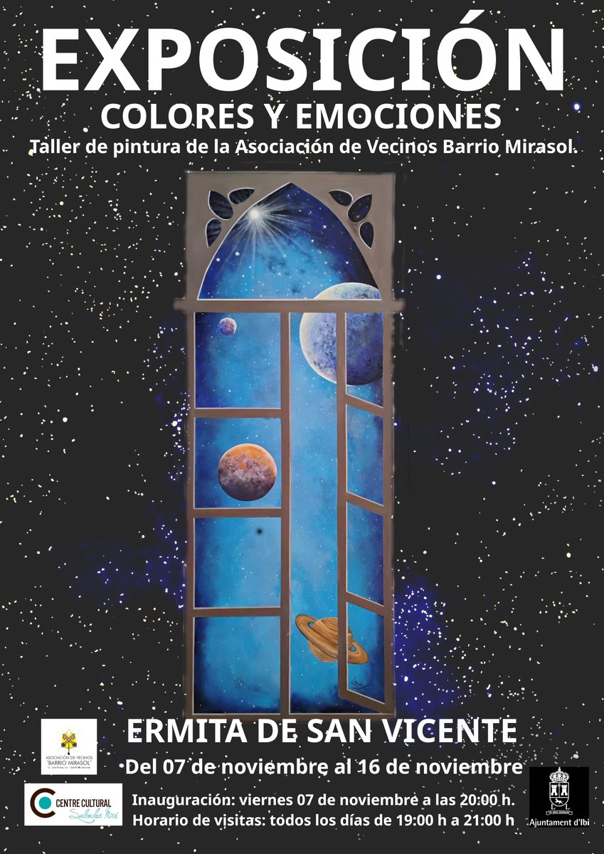 #IbiCultura ]🔵🖌 Expo: "Colores y emociones", del Taller de Pintura de la AVV del Barrio Mirasol.

Del 7 al 16 de noviembre de 2025, todos los días, de 19:00 h a 21:00 h.📍Ermita San Vicente.

🔹Inauguración: viernes, 7 de noviembre, a las 20:00 h, en la ermita San Vicente. 😊