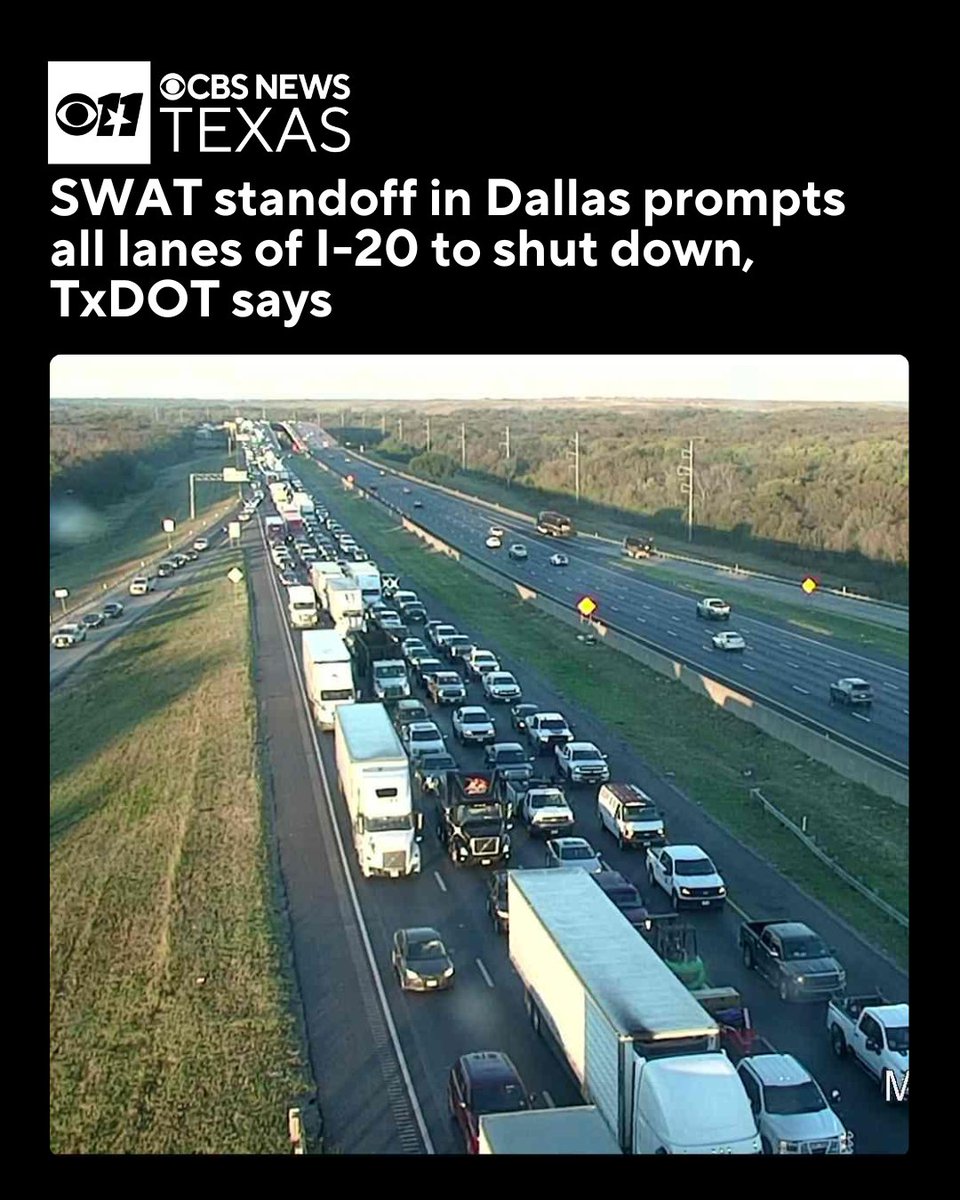 CBSNewsTexas's tweet photo. All eastbound and westbound lanes of I-20 are closed, with traffic being forced off the highway at St. Augustine Rd. Traffic on the highway is at a complete standstill with a two-hour delay. https://t.co/nZgkOB3VXh https://t.co/wdznTNJNvU