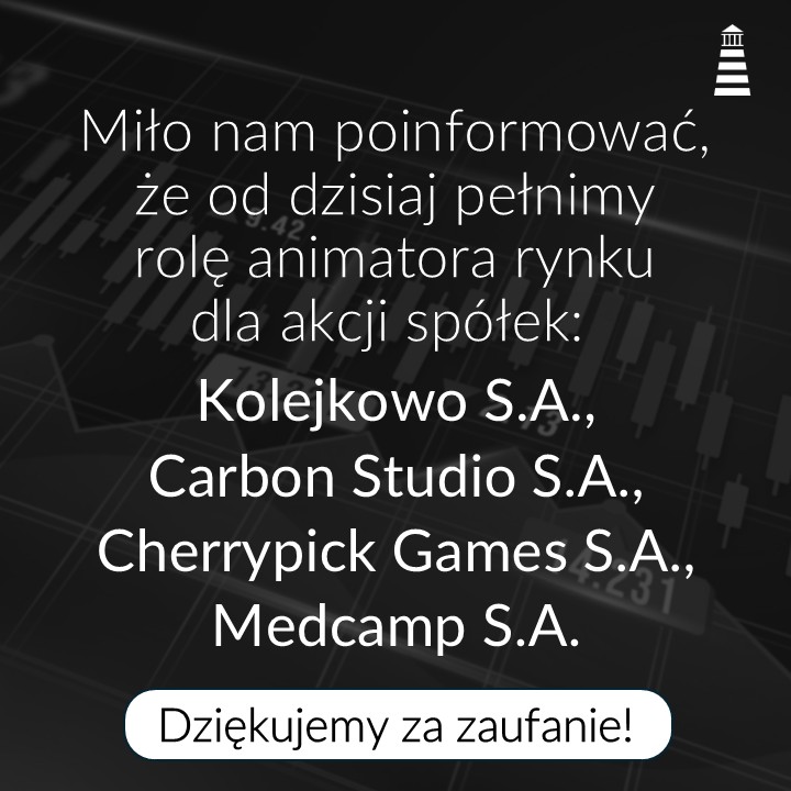 Od dzisiaj NWAI DM wykonuje zadania animatora rynku dla akcji spółek:

📈 Kolejkowo S.A.
📈 Carbon Studio S.A.
📈 Cherrypick Games S.A.
📈 Medcamp S.A.

🔹 Szukasz profesjonalnego animatora rynku?
📩 animatorzy@nwai.pl