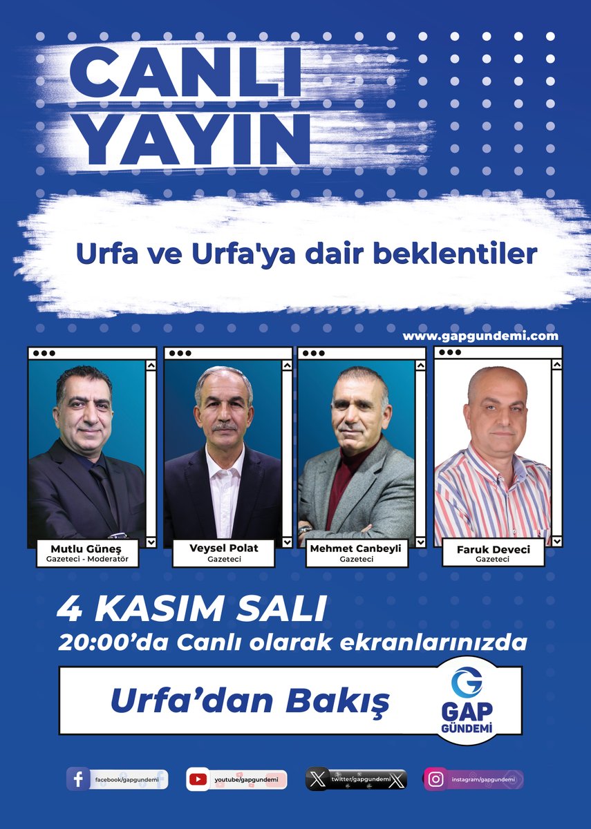 📢 Urfa'dan Bakış
🗓️4 Kasım Salı
🕗 20:00'da canlı yayında!
📝Gazeteciler Şanlıurfa'nın gündemini masaya yatırıyor!

#BJKvFB #deprem Orkun #BirMilattır3Kasım #pazartesi Beşiktaş #sallandık Sergen