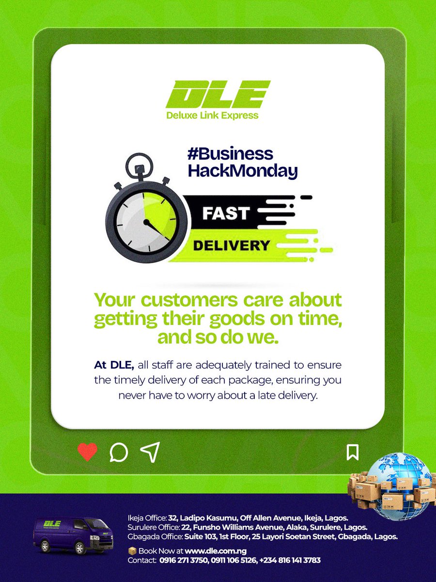 DLE_Nigeria's tweet photo. New week, new deliveries, same speed!
At DLE, we understand that your customers value time and so do we.
Let’s make every delivery count this week.
#BusinessHackMonday #ShipWithDLE #FastDelivery #MondayMotivation GM CT. Monday. America. Trump. https://t.co/qI6mkp6W3v
