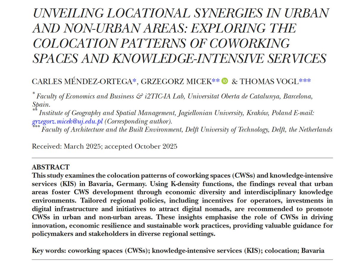 New publication at <a href="/tesg_journal/">Tijdschrift voor economische en sociale geografie</a>: "Unveiling Locational Synergies in #Urban and #nonurban areas: Exploring the #colocation patterns of #Coworkingspaces and #KnowledgeIntensive services. jointly with <a href="/GrzegorzMicek/">Grzegorz Micek</a> and Thomas Vogl. 

onlinelibrary.wiley.com/doi/10.1111/te…