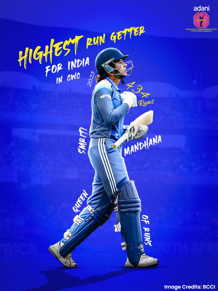 The standard is set! 💙

Highest run-getter for India in a single World Cup.

#ThisIsMahaCricket
#AdaniMaharashtraPremierLeague #AdaniWomensMaharashtraPremierLeague #MPL #WMPL #MPL2025 #WMPL2025 #womensworldcup #worldcupanthem #teamindia #bcci #icc #smritimandhana