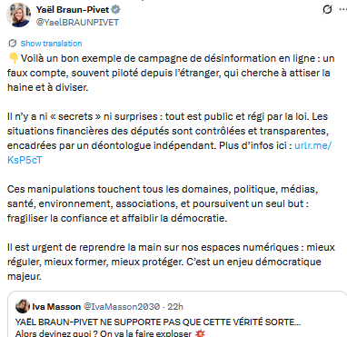 #BraunPivet  s'est vite assise sur la position violemment anti-israélienne de Macron, la soupe est trop bonne visiblement, madame approuve à fond le projet de censurer les RS pour "sauver la démocratie" , "protéger" etc, une seule désinformation doit être autorisée, la leur.