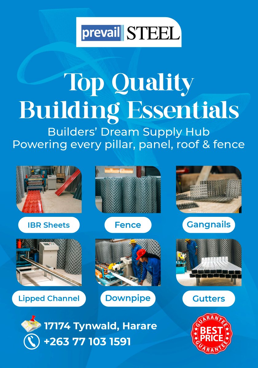 prevail_group's tweet image. Your trusted source for premium building essentials 🏗️✨
From roofing to fencing we've got every piece you need to build strong, build smart, and build with confidence.

#PrevailSteel #BuildingEssentials #ZimConstruction #SteelSuppliesZW #IBRSheets #FencingSolutions #Gangnails