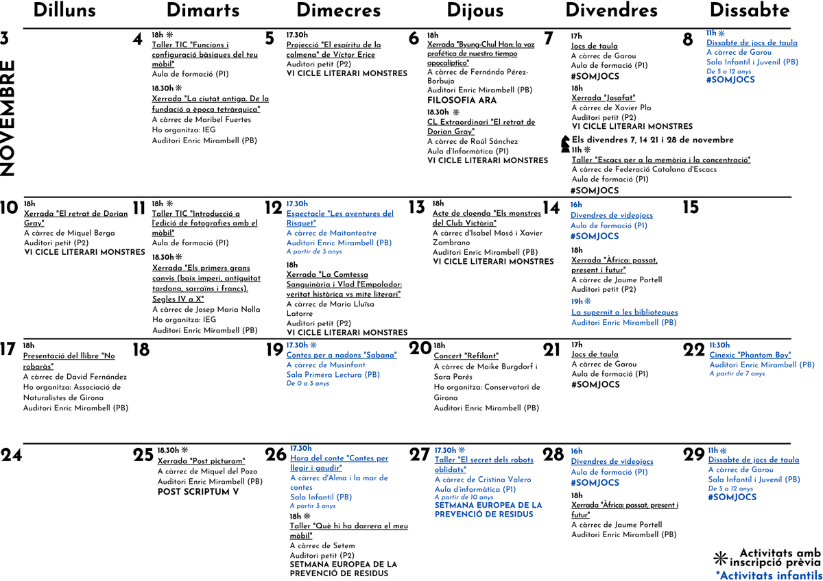 bprahola's tweet image. 📢Arriba l&apos;#agenda del mes de novembre amb molt bones propostes!

✅VI Cicle literari Monstres, Setmana Europea de Prevenció de Residus, #POSTSCRIPTUM, tallers TIC, #SomJocs, hores del conte, etc.
✅Més informació: goo.su/RiG8f

#BiblioRahola #BibliotequesCat #Girona