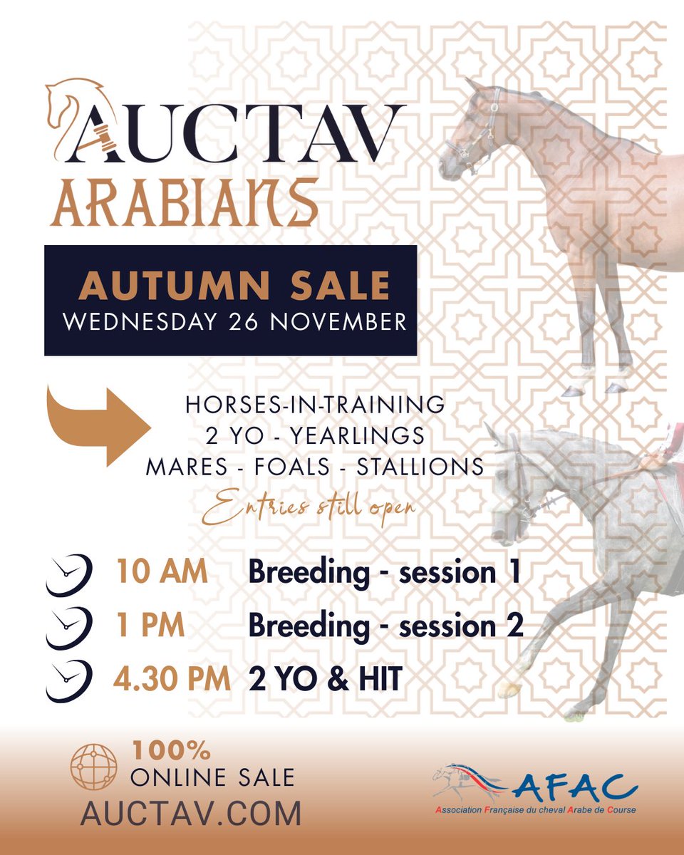 🐴 AUCTAV ARABIAN AUTUMN SALE 

The first lots soon online!
Join us Wednesday, 26 November for three online sessions

 📍10:00 am – Breeding – Session 1
 📍 1:00 pm – Breeding – Session 2
  📍4:30 pm – Two-Year-Olds &amp; Horses in Training

Entries are still open !