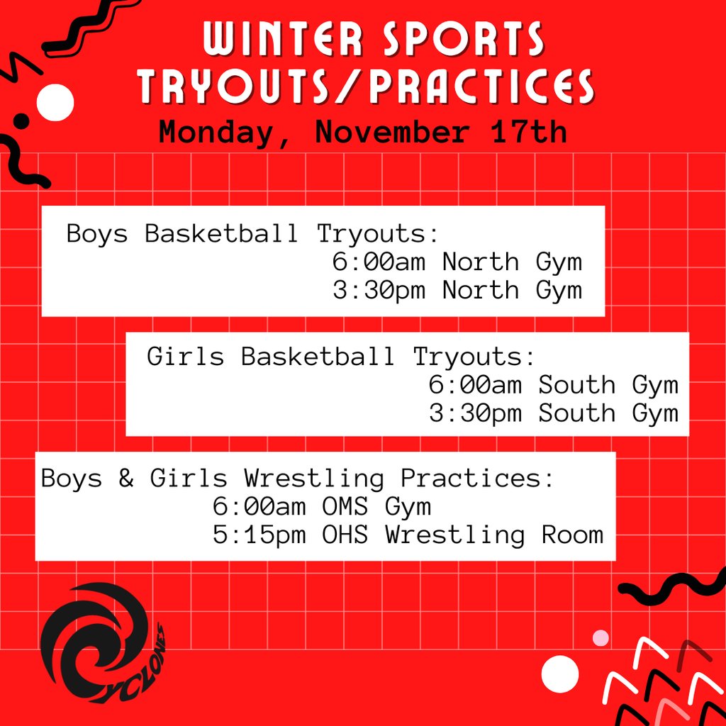 We are excited about our upcoming winter sports season.  Here is some of the information for tryouts and the first days of practices.  Please let us know if you have questions.