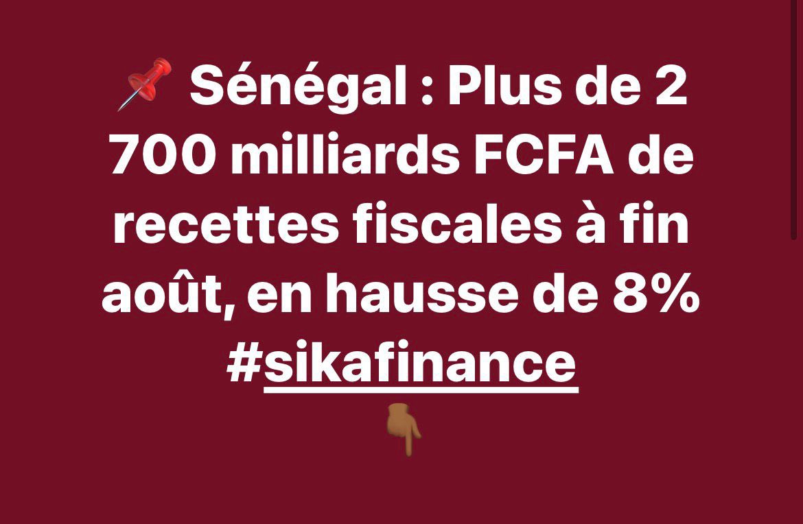 MissRepublique's tweet photo. Au Sénégal, 2 712,1 milliards FCFA en recettes fiscales ont été enregistrés au cours des huit premiers mois de l'année et 171 milliards FCFA au titre des recettes non fiscales selon la DPEE. Les recettes fiscales ont progressé de 201,8 milliards FCFA, 👇🏾 https://t.co/ruoc8DstUS