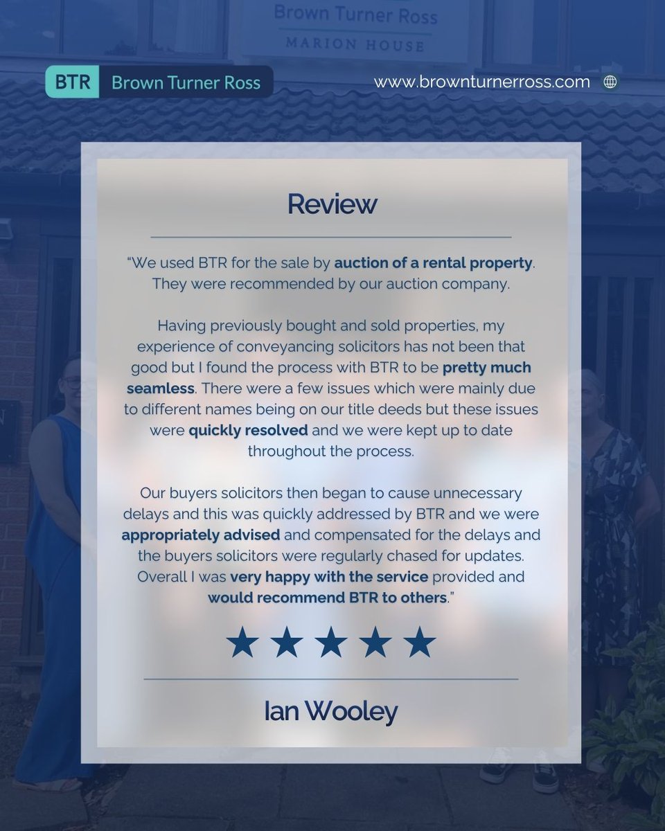 Another ⭐⭐⭐⭐⭐ review for Amy Brown and the team!

We’re proud to provide clear, supportive, and practical legal advice - and grateful to our clients for the trust they place in us every day.

#BrownTurnerRoss #LawFirm #LawUK #Liverpool
