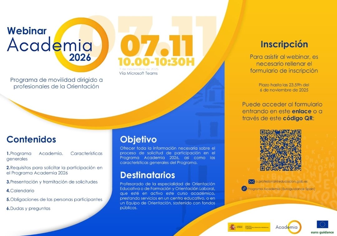 🔍🔍 Apúntate al webinar para conocer el Programa Academia📝 Permite la movilidad de profesorado de FOL y así conocer distintos aspectos de la orientación profesional a nivel Europeo 🧭🧭 #Academia #FOLComparte @euroguidance