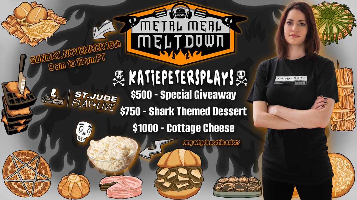 Get ready...it's almost time to ROCK for <a href="/StJudePLAYLIVE/">St. Jude PLAY LIVE</a>! My shift for <a href="/MetalMealMelt/">MetalMealMeltdown</a> is coming up 🤘

When: November 16th - 9am to 12pm PT
Where: twitch.tv/katiepeterspla…

Let's rock out, cook, and raise money for a wonderful cause! 🎸