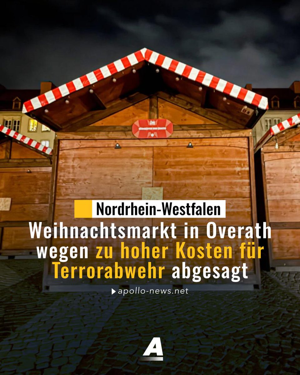 Der Weihnachtsmarkt in Overath musste wegen der Kosten für Terrorabwehrmaßnahmen von den Veranstaltern abgesagt werden. Sie hatten sich eine Übernahme durch die Stadt erhofft – doch die lehnt die Ausgaben für Absperrungen und Sicherheitspersonal ab.

apollo-news.net/weihnachtsmark…