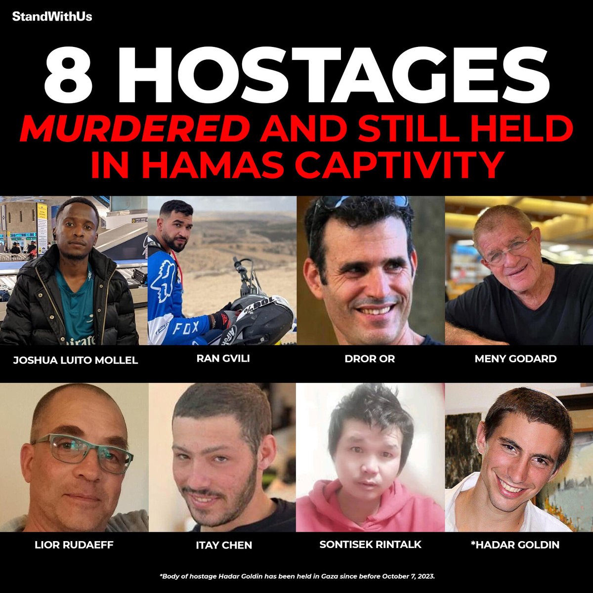 StandWithUs's tweet photo. Eight murdered hostages remain in Hamas’ captivity in Gaza, held for more than two years. 
We will not rest until every last hostage is returned home to receive a proper burial. 🎗️ https://t.co/DGfuTFtMID