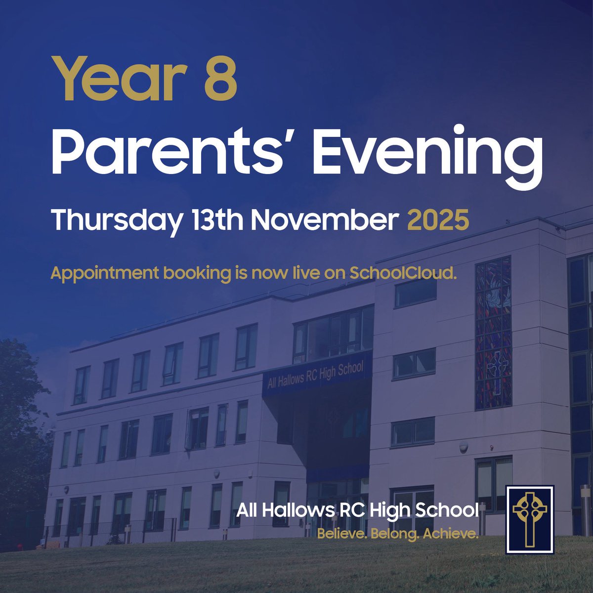 Booking for Y8 Parents' Evening is now open. Visit allhallowsrc.co.uk/parents-links to reserve your preferred time. #BelieveBelongAchieve