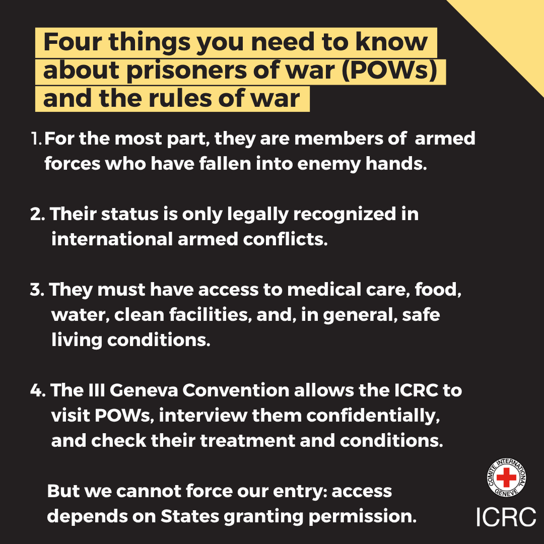 Prisoners of war (POWs) are captured members of enemy armed forces in international armed conflicts and are protected under the Third Geneva Convention. 

They must be treated humanely, always.

Learn more 👉🏽 ms.spr.ly/6018tGuv2